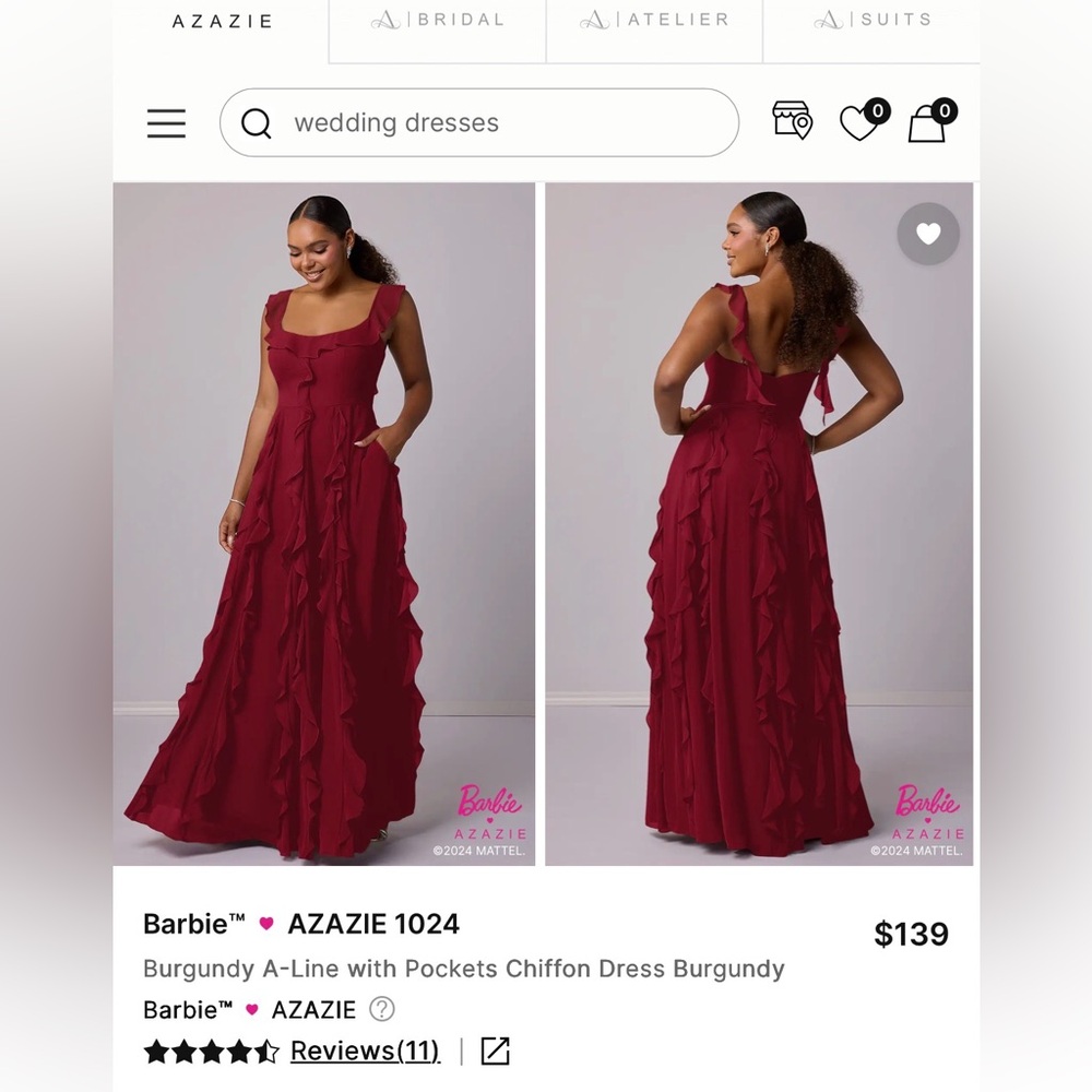 Barbie Azazie 1024 Burgundy Chiffon A-Line Dress Size A24